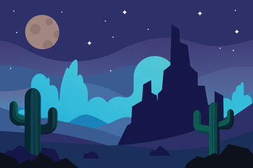 Desert landscape with rocks and cactuses at night vector design
