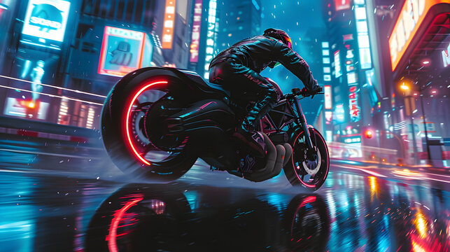 Action shot with man riding a bike in futuristic cyberpunk city. Dynamic scene with motorcycle ride in action movie blockbuster style.