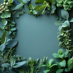 Square frame of herbs on a green background and copy space - obrazy, fototapety, plakaty