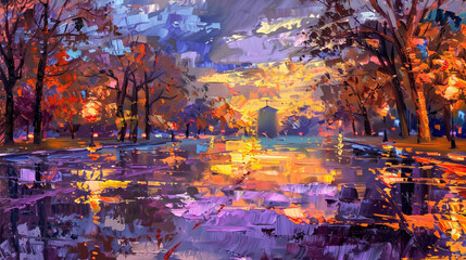 Evening park scene with vibrant reflections painted in an impressionistic style.