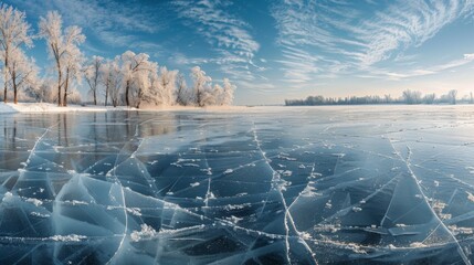 Panoramic view of a frozen lake in winter, featuring intricate ice patterns and snow-covered trees lining the shore