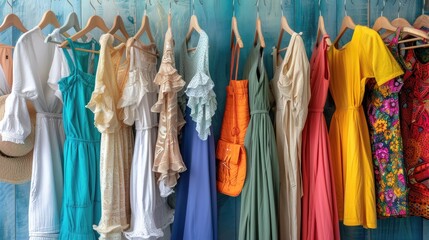 A rack of colorful dresses hanging on a blue wall