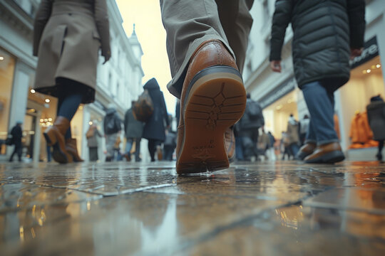 Capture a close-up shot of people's feet as they walk past fashion stores, focusing on their shoes and the way they interact with the ground surface, using a fast shutter speed to freeze motion.