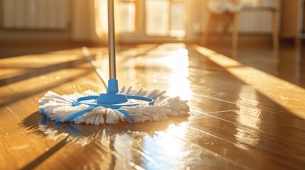A blue and white mop standing on a polished wooden floor prepared to tackle the cleaning task at hand in a cozy sunlit room
 - obrazy, fototapety, plakaty