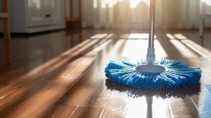 A blue and white mop standing on a polished wooden floor prepared to tackle the cleaning task at hand in a cozy sunlit room
