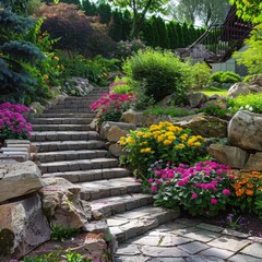 Vibrant flower beds bordering a stone stair pathway in a lush residential garden during daytime. - obrazy, fototapety, plakaty