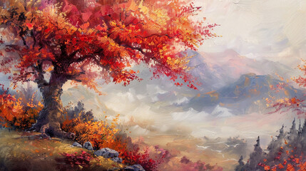 Autumn scenery in oil, a towering maple with vibrant foliage creating a stark contrast with the surroundings.