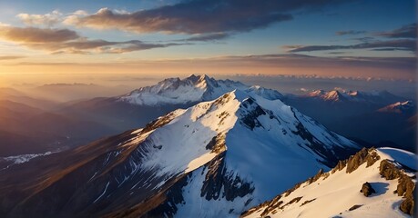Panoramic view of the snow-capped peaks of the Caucasus Mountains at sunset - obrazy, fototapety, plakaty