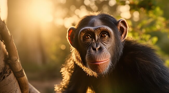a chimpanzee looking at the camera