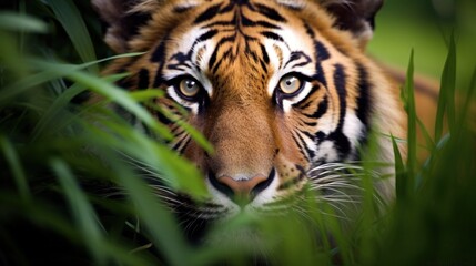 a tiger looking through the grass