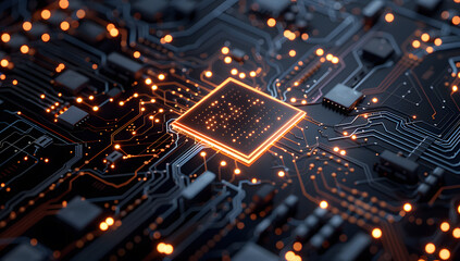 Obraz premium close up image of a microchip, connections and semiconductor in an artificial intelligence concept