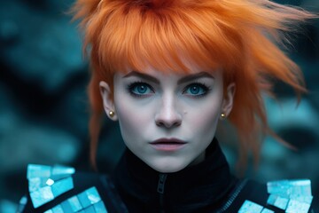 a woman with orange hair and blue eyes