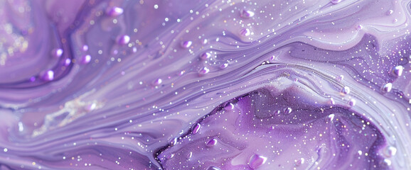 Celestial lavender marble ink cascades elegantly through an enchanting abstract scene, glistening with ethereal glitters in hues of purple and silver.