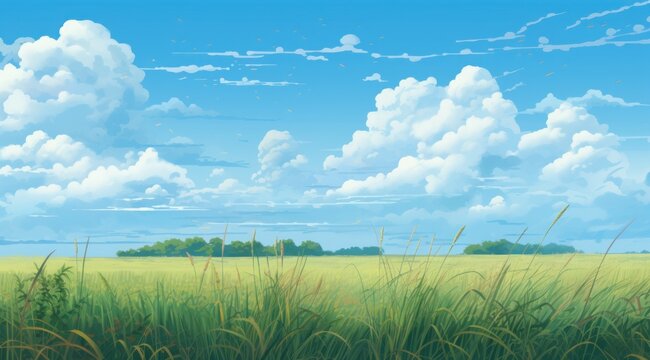 a grass field with trees and blue sky