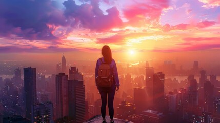A traveler admiring the sunset over a stunning skyline, embracing the beauty of new destinations.
