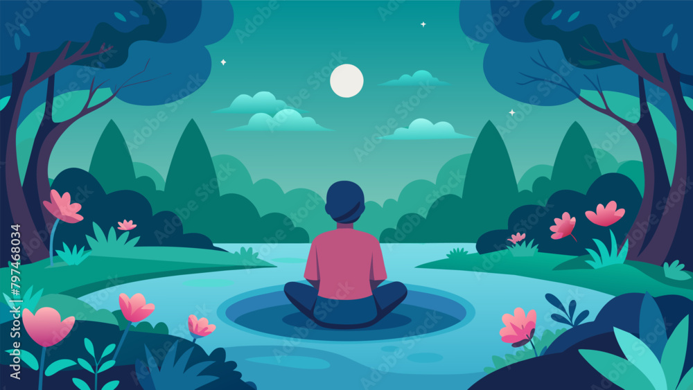 Poster a person sits on the edge of a tranquil pond surrounded by lush trees and blooming flowers using the