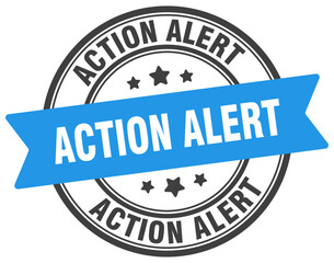 action alert stamp. action alert label on transparent background. round sign