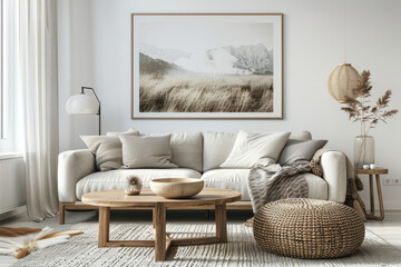 Minimalist Scandinavian living room with white sofa, wooden coffee table, carpet, dried plants and framed nature posters on the wall
