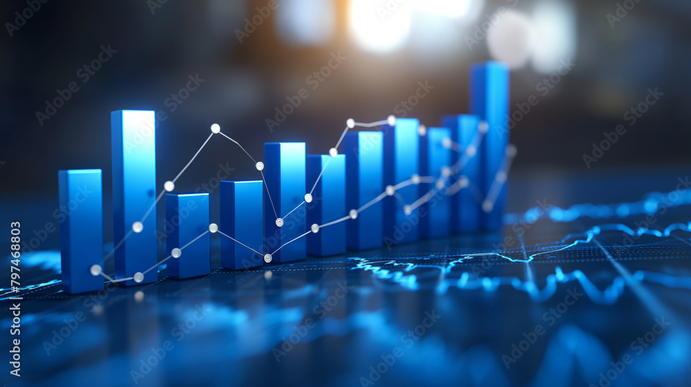 Poster blue business chart graph with three lines of increase.