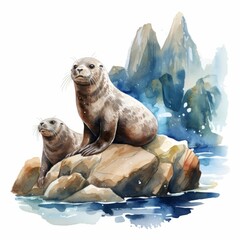 Fototapeta premium Two seals on a rock in the ocean with mountains in the background in a watercolor style
