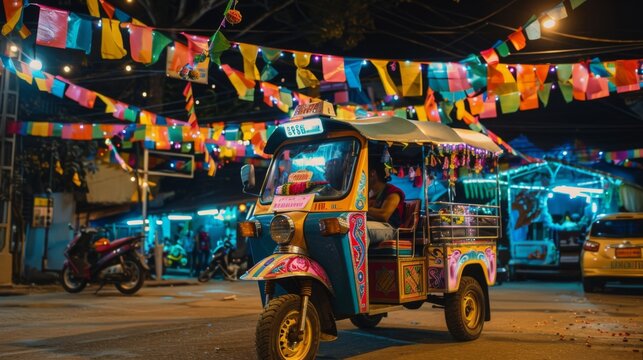 A tuk-tuk decorated with flags and banners, celebrating a local festival or event