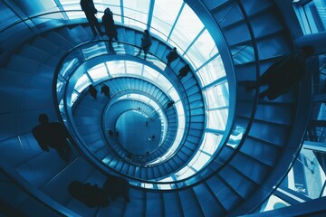 Fototapeta premium Abstract modern architecture and silhouettes of people on spiral staircase