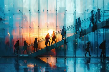 Silhouette of business people walking up and down stair outside modern office in fast movement