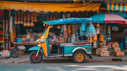 Naklejka premium A tuk-tuk parked in front of a colorful street market, waiting to ferry shoppers home