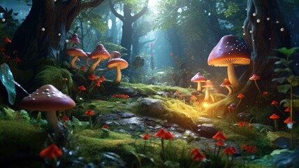 Mystical forest glade with vibrant greenery and magical mushrooms, illuminated by dappled sunlight