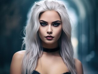 a woman with white hair and black choker