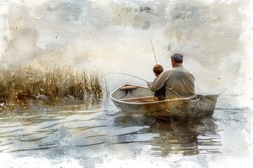 Father and son fishing in a boat on a lake. - obrazy, fototapety, plakaty