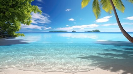 Breathtaking tropical beach with crystal clear turquoise waters, white sands, and lush greenery under a serene sky