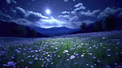 Moonlit floral field with silhouetted mountains under a starry night sky