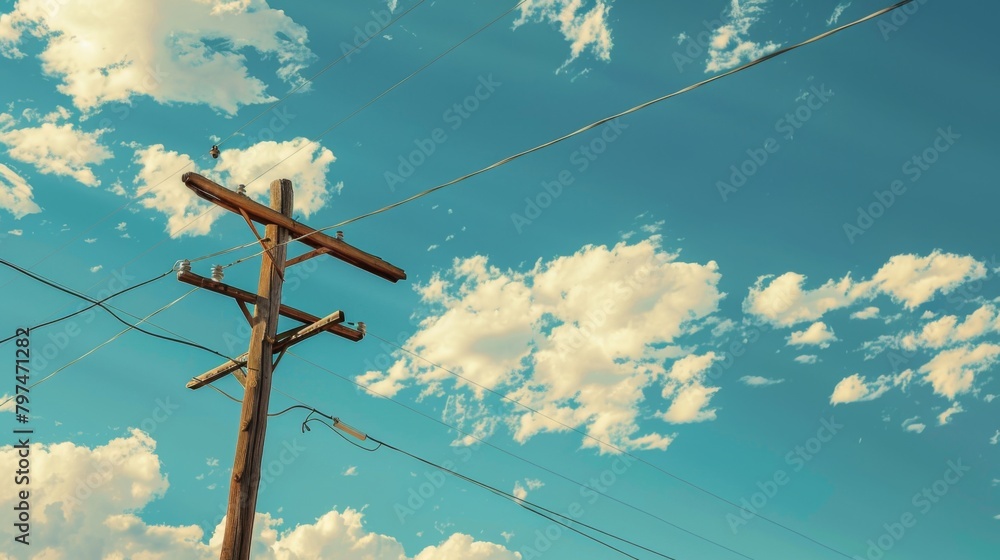 Wall mural a vintage power pole with wooden cross arms standing against a blue sky