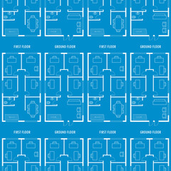 Blueprint seamless pattern. Texture background with ground and first floor plan office building. Business office scheme, interior with furniture.