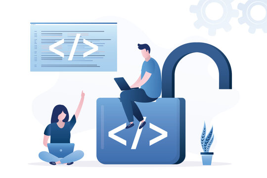 Open source programming, digital products include permission to use programming source code. Software engineer sitting on unlocked padlock with coding symbol.
