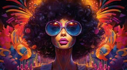 a woman with big afro wearing sunglasses