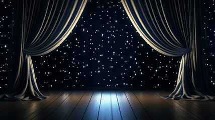  Magical night sky unveiled behind elegant drapes over a serene wooden stage - obrazy, fototapety, plakaty