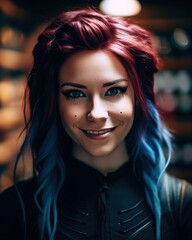 a woman with blue and red hair