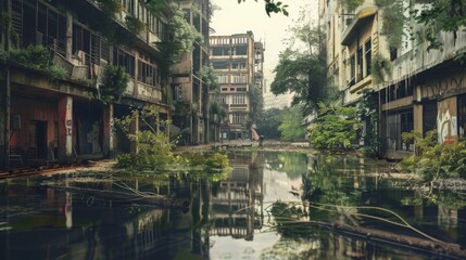 Fototapeta na wymiar A postapocalyptic urban scene with overgrown vegetation abandoned buildings and a flooded street reflecting the surrounding architecture 