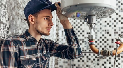 A plumber in a plaid shirt focused on fixing a water heater set against a backdrop of grey mosaic tiles
