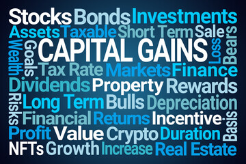 Capital Gains Word Cloud on Blue Background