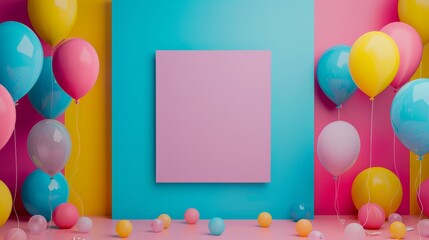 Rectangular blank white paper board, card for advertising mockup, copy space for text, vibrant, minimalist editorial aesthetic, birthday party gifts presents