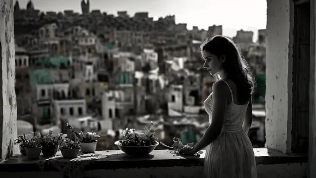 City piazza sestieri, silhouette of woman on her window with a view of the city, girl and tea and the city generative AI video