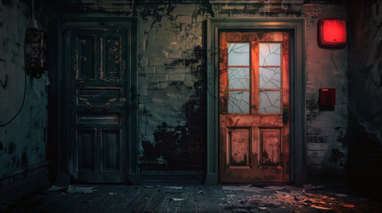 Fototapeta na wymiar Horror old doors in abandoned house empty dark room with old and damaged walls, night scene with scary background.