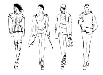 beautiful women in stylish clothes. Fashion sketch