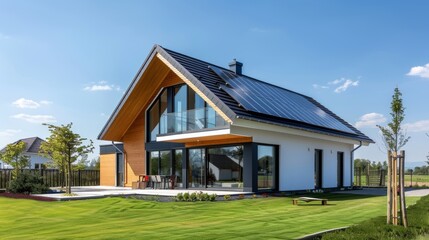 Obraz premium Modern eco-friendly suburban house with photovoltaic system on roof and landscaped yard