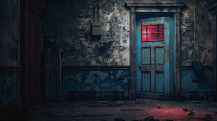 Horror old doors in abandoned house empty dark room with old and damaged walls, night scene with scary background. - obrazy, fototapety, plakaty