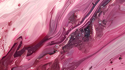 Captivating rose marble ink cascades dynamically through a mesmerizing abstract backdrop, adorned with luminous glitters.