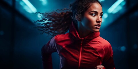 Running woman. Dynamic photo of a female runner wearing stylish sportswear running at night.